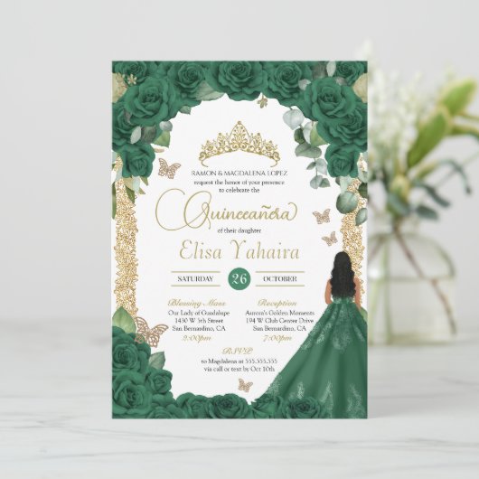Vlinder Emerald Groen Goud Prinses Quinceanera Kaart (Staand voorkant)