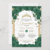 Vlinder Emerald Groen Roos en Gold Quinceanera Kaart (Voorkant)