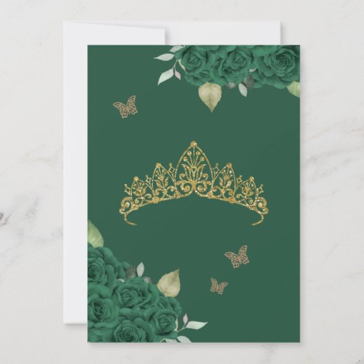 Vlinder Emerald Groen Roos en Gold Quinceanera Kaart (Achterkant)