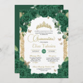 Vlinder Emerald Groen Roos en Gold Quinceanera Kaart (Voorkant / Achterkant)