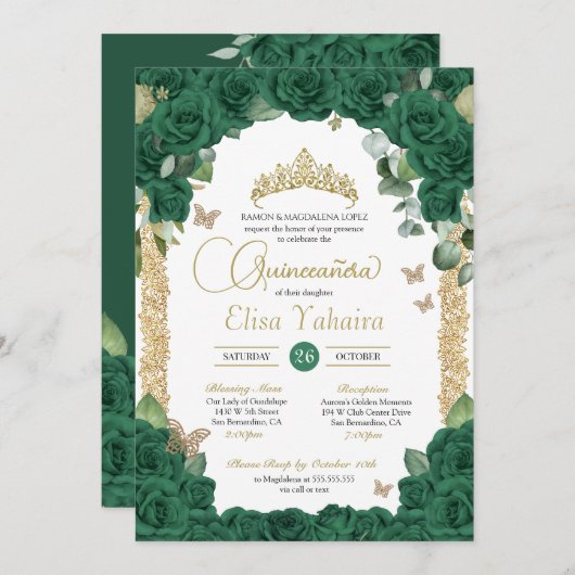 Vlinder Emerald Groen Roos en Gold Quinceanera Kaart (Voorkant / Achterkant)