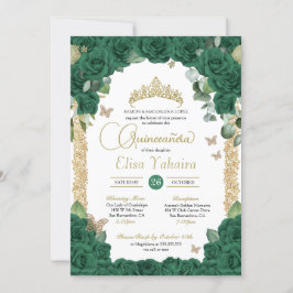 Vlinder Emerald Groen Roos en Gold Quinceanera Kaart