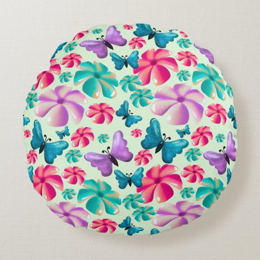 Vlinder en Bloem Esthetisch patroon Rond Kussen (Voorkant)