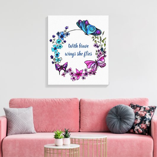 Vlinder en bloemen krans en citaat canvas afdruk (Insitu (Woonkamer))