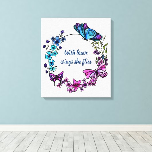 Vlinder en bloemen krans en citaat canvas afdruk (Insitu (Houten vloer))