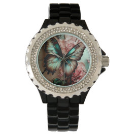 Vlinder en bloemen met strasstenen horloge