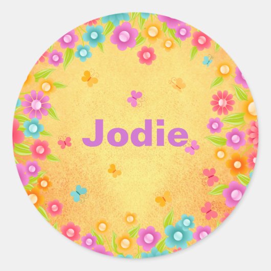 Vlinder en bloemen naam ronde sticker (Voorkant)