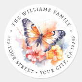 Vlinder en bloemen schilderij retour adres ronde sticker (Voorkant)