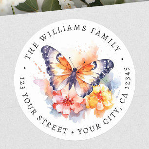 Vlinder en bloemen schilderij retour adres ronde sticker