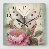  vlinder en bloemen vierkante klok (Voorkant)