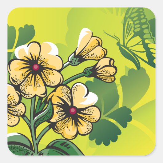 Vlinder En Bloemen Vierkante Sticker (Voorkant)