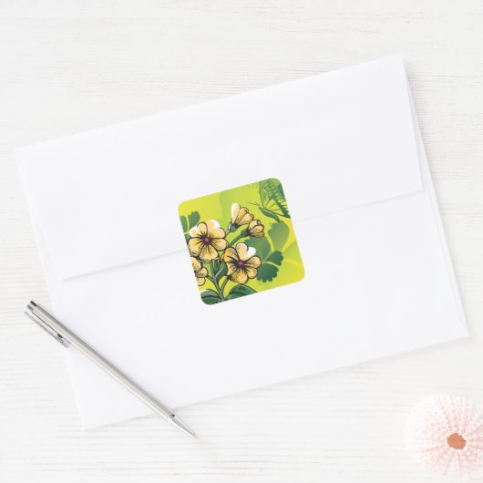 Vlinder En Bloemen Vierkante Sticker (Envelop)