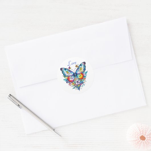 Vlinder en bloemenhart ronde sticker (Envelop)