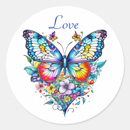 Vlinder en bloemhart  ronde sticker (Voorkant)