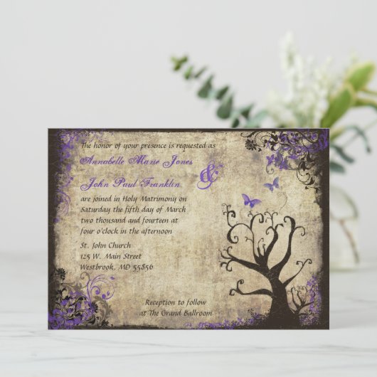Vlinder en Boom Vintage bruiloft uitnodiging (Staand voorkant)