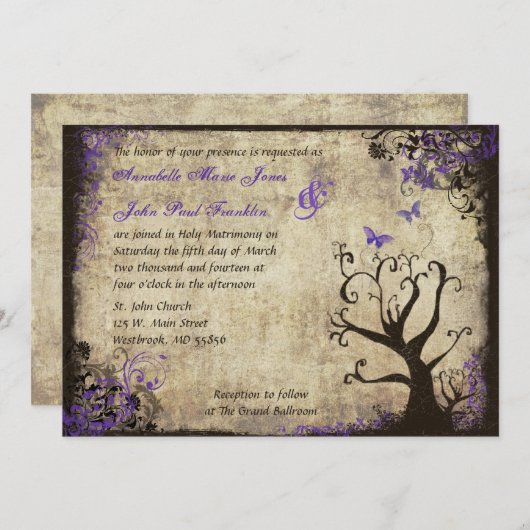 Vlinder en Boom Vintage bruiloft uitnodiging (Voorkant / Achterkant)