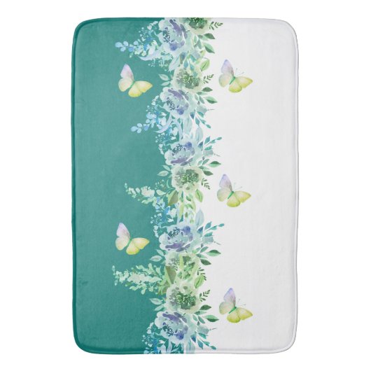 Vlinder en botanische theeblauwe badmat (Voorkant Verticaal)