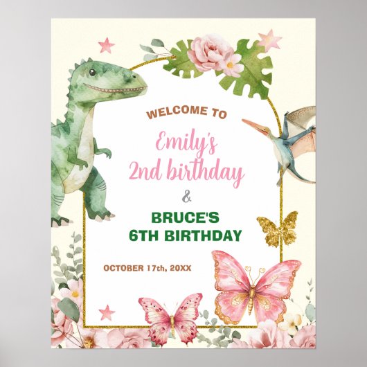 Vlinder en Dinosaurus gezamenlijke verjaardag Poster (Voorkant)
