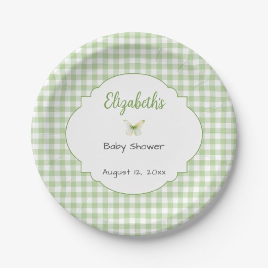 Vlinder en groene geruite baby shower bord (Voorkant)
