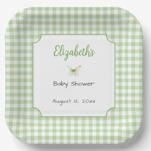 Vlinder en groene geruite baby shower bord