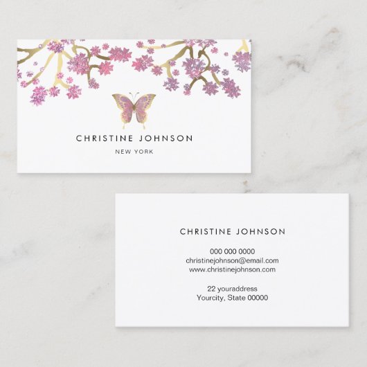 Vlinder en kersenbloesem ontwerp visitekaartje (Voorkant / Achterkant)