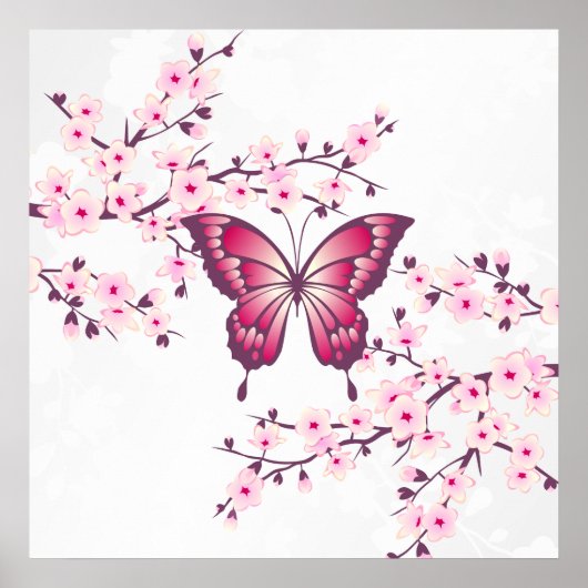 Vlinder En Kersenbloesem Roze Wit Poster (Voorkant)