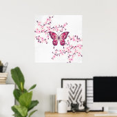 Vlinder En Kersenbloesems Roze Wit Poster (Thuiskantoor)