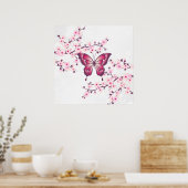 Vlinder En Kersenbloesems Roze Wit Poster (Keuken)