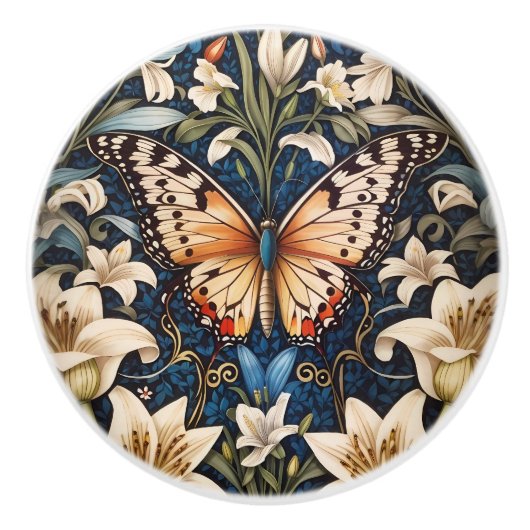 Vlinder en lelies botanisch keramische knop (Voorkant)