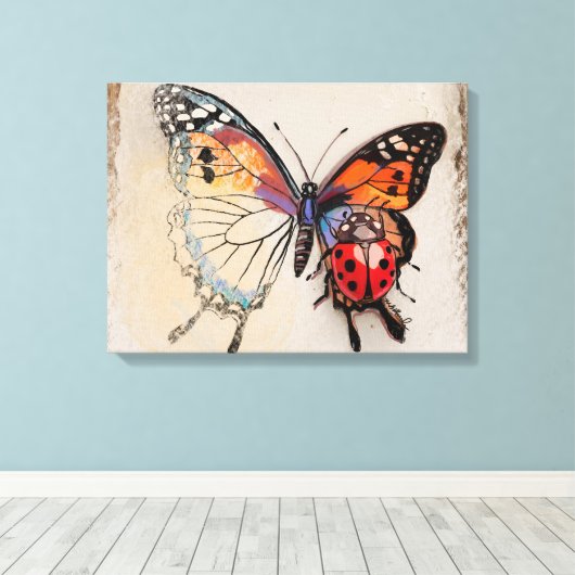 Vlinder en lieveheersbeestje canvas afdruk (Insitu (Houten vloer))