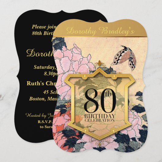 Vlinder en pioenen 80ste verjaardag kaart (Voorkant / Achterkant)