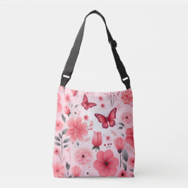 Vlinder en roze bloemen crossbody tas