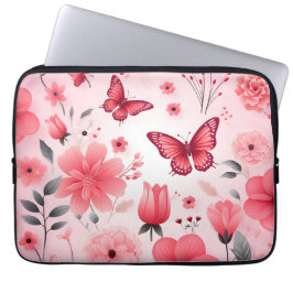 Vlinder en roze bloemen laptop sleeve