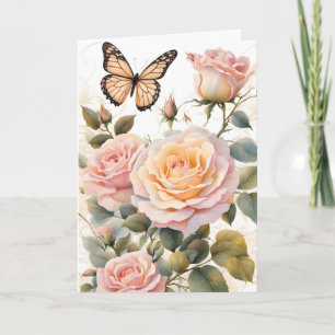 Vlinder en Roze Rozen Verjaardag Kaart
