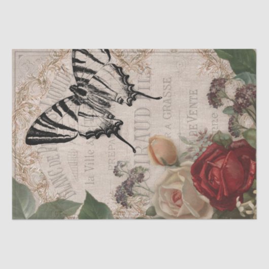 vlinder en Rozen Shabby Chic Decoupage Tissuepapier (Voorkant)