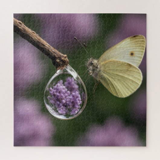 Vlinder- en Seringbloemreflectie in Regendruppel Legpuzzel (Verticaal)