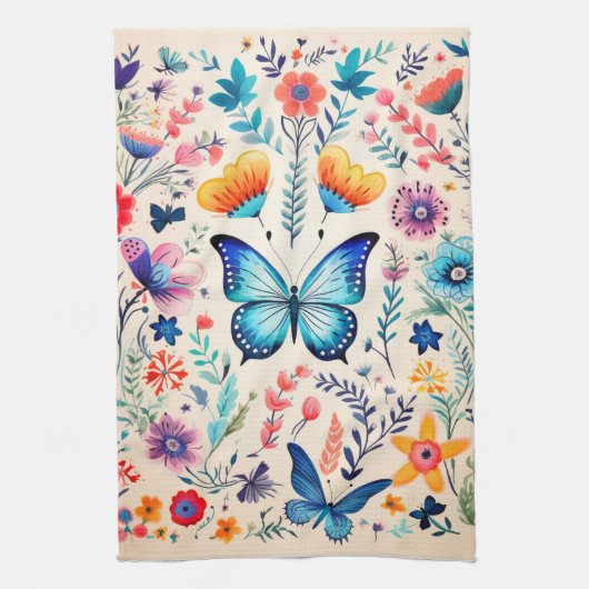 Vlinder en wilde bloemen tuin theedoek (Verticaal)