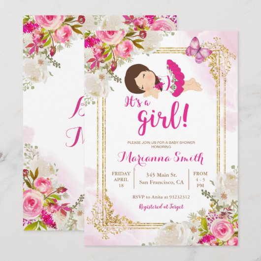 Vlinder Fiesta Mexicaanse Roze Bloemen Baby Shower Kaart (Voorkant / Achterkant)