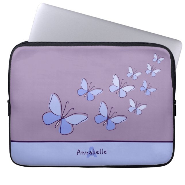 Vlinder Flutter in Blauw - Naam & Initiaal Laptop Sleeve (Voorkant)