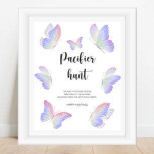 Vlinder fopspeen jacht baby shower spel poster