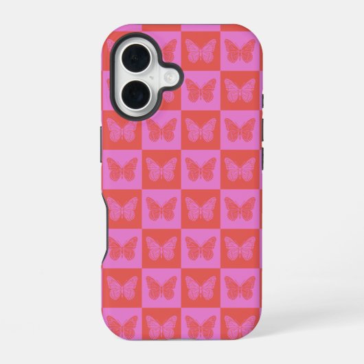 Vlinder Geruit Patroon in Roze en Rood iPhone 16 Hoesje (Achterkant)
