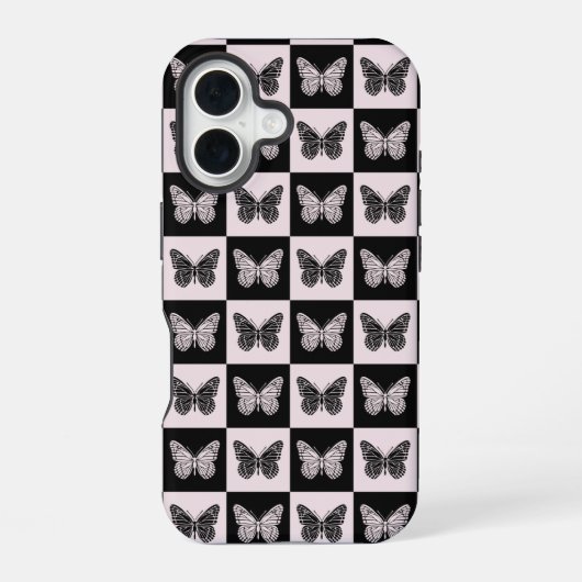 Vlinder Geruit Patroon in Zwart en Wit iPhone 16 Hoesje (Achterkant)