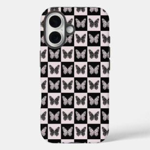 Vlinder Geruit Patroon in Zwart en Wit iPhone 16 Hoesje