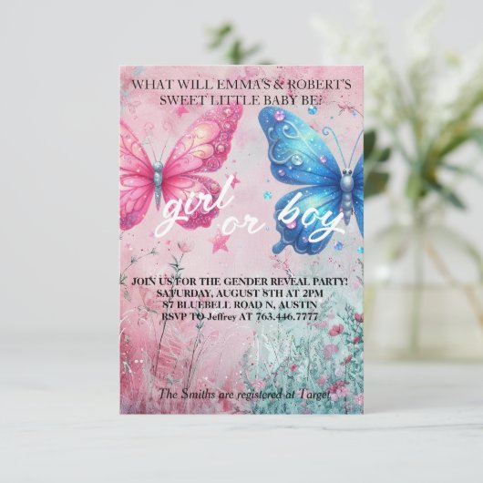 vlinder Geslacht Onthullen Party Uitnodiging (Staand voorkant)