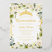 Vlinder Gouden Champagne Bloemen Quinceanera Folie Uitnodiging (Voorkant)