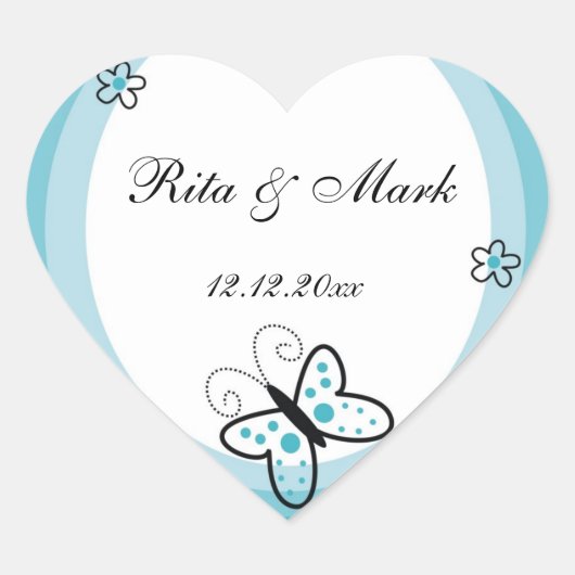 Vlinder hart bruiloft gunst Sticker:: Blauw Hart Sticker (Voorkant)