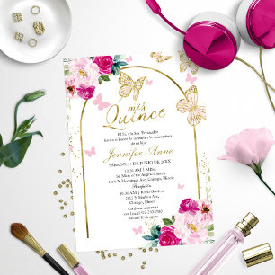 Vlinder Heet Roze Bloem Spanish Quinceanera Kaart