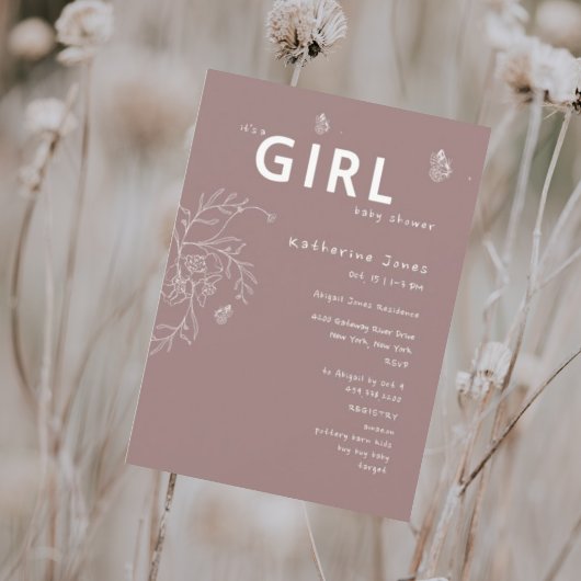 Vlinder het is een meisje Mauve Baby shower Kaart