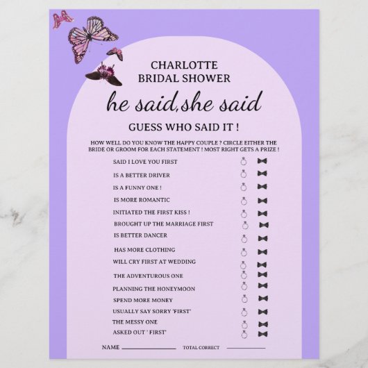 Vlinder Hij zei Zij zei Bruiloftsspel Flyer (Voorkant)