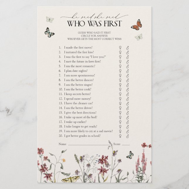 Vlinder Hij zei Zij zei Wilde Bloemen Shower Spel (Voorkant)